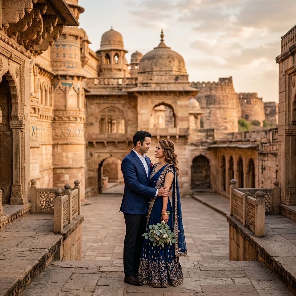 Pre-wedding shoot near Gwalior Fort architecture