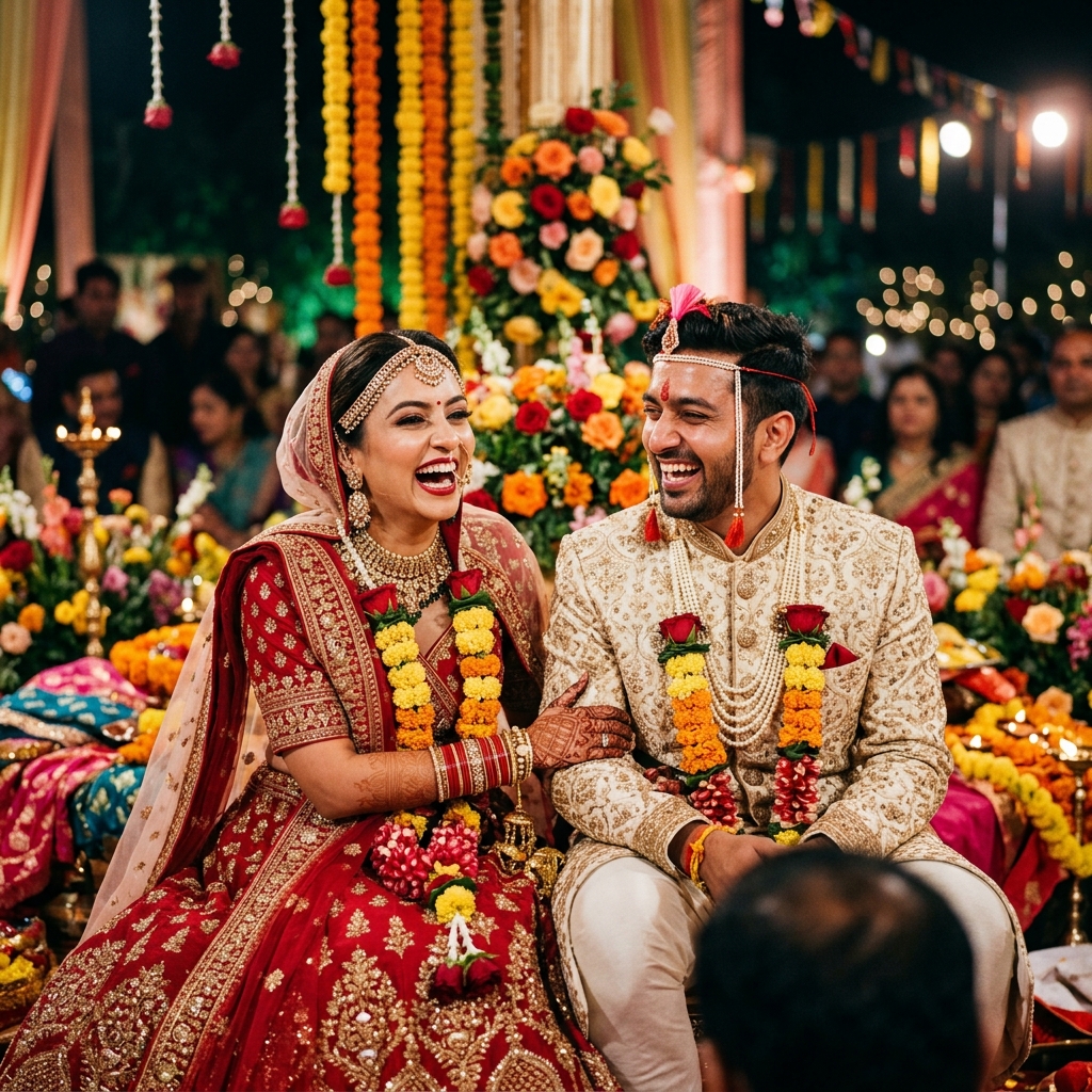 Traditional Indian couple wedding portrait frame by Kanchan Production